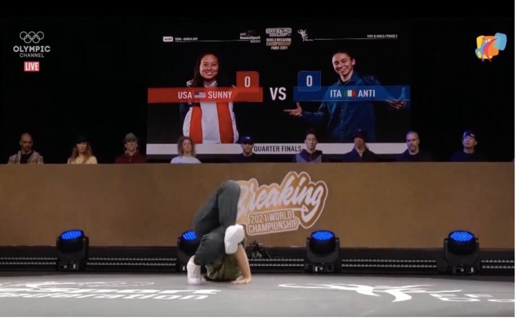 The panel of judges using the Trivium system during WDSF Breaking Championship, Paris 2021. From the left: Emmanuel FoX (Cyprus), Valentine (France), Storm (Germany), Dora (Hungary), Fastfoot (FDSARR), Skim (South Korea), Bojin (Taipei), Extremo (Spain), Kim (China) and Kujo (USA out of frame). Source: Screenshot from the live online transmission.