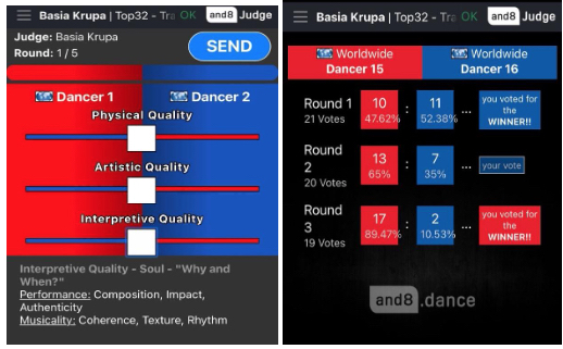 Figure 3 and 4: and8.dance Threefold interface. White square boxes are the movable ‘faders’. Figure on the right shows the number of times I voted for the winner.